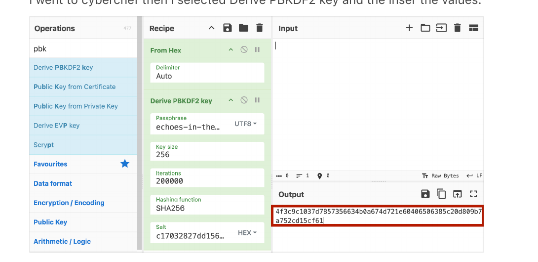 CyberChef: Derive PBKDF2 Key — producing the 256-bit AES key from the passphrase