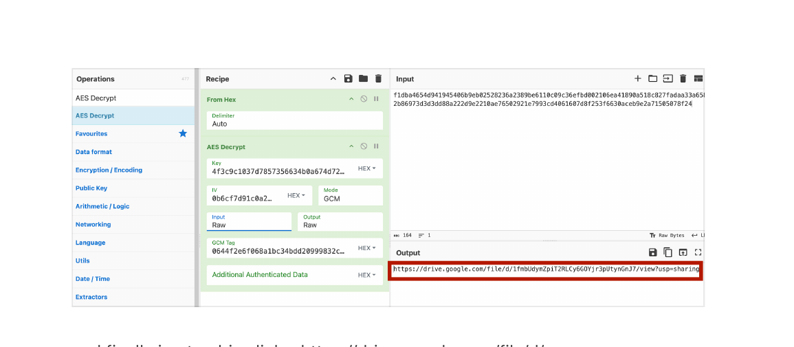 CyberChef: AES-256-GCM Decrypt — output reveals a Google Drive link