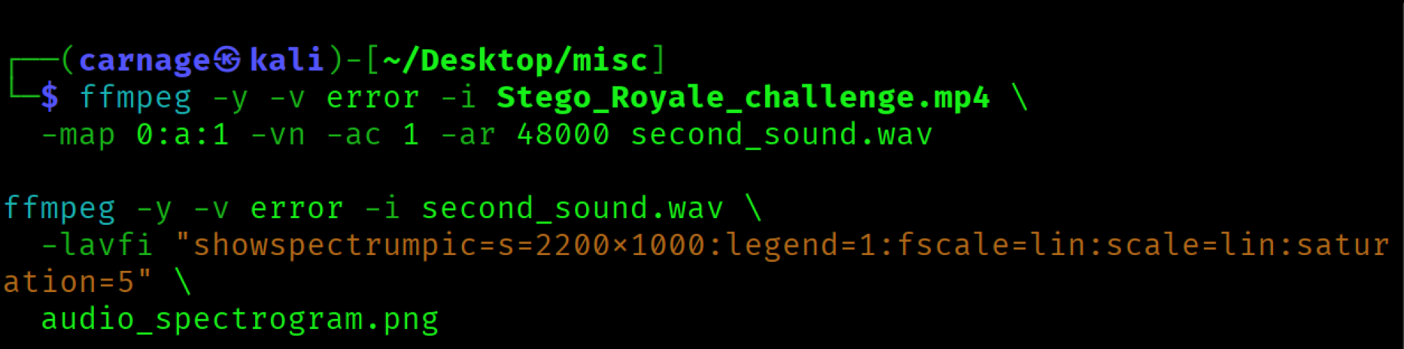 Figure 2 - Commands used to extract the hidden audio stream and generate the spectrogram.