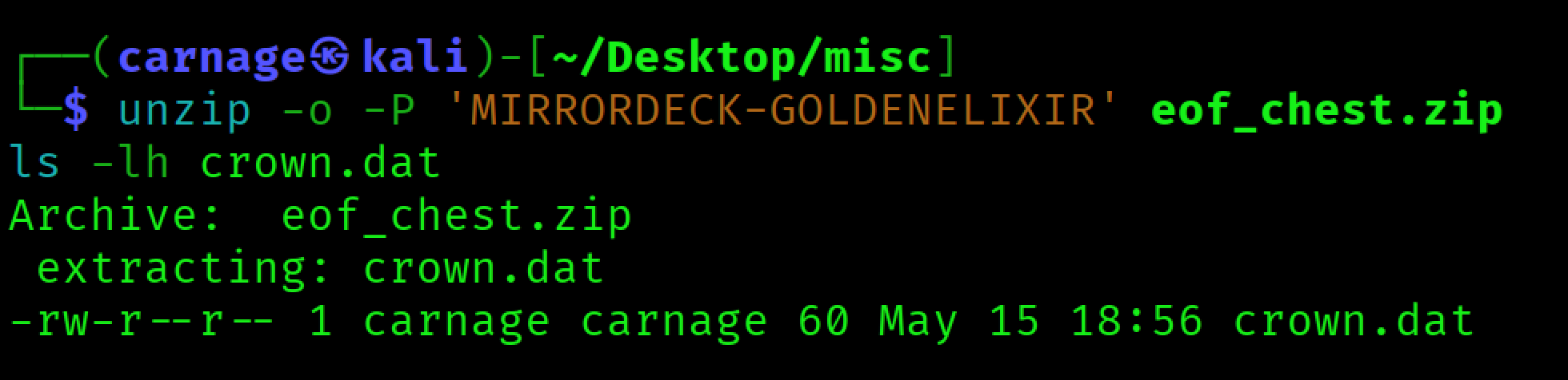 Figure 6 - crown.dat is extracted from the password-protected ZIP archive.