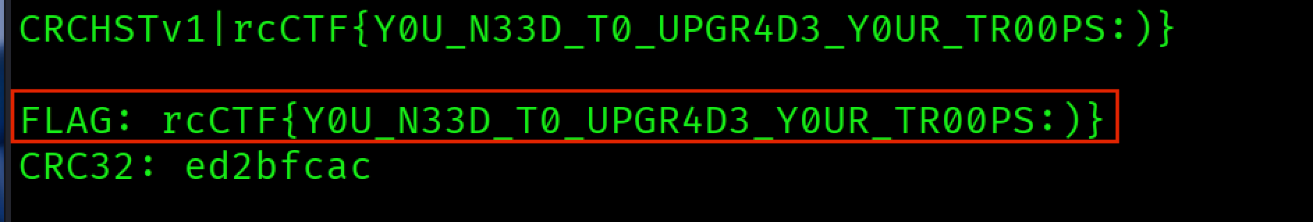 Figure 7 - Final decoding reveals the real flag and CRC32 value.